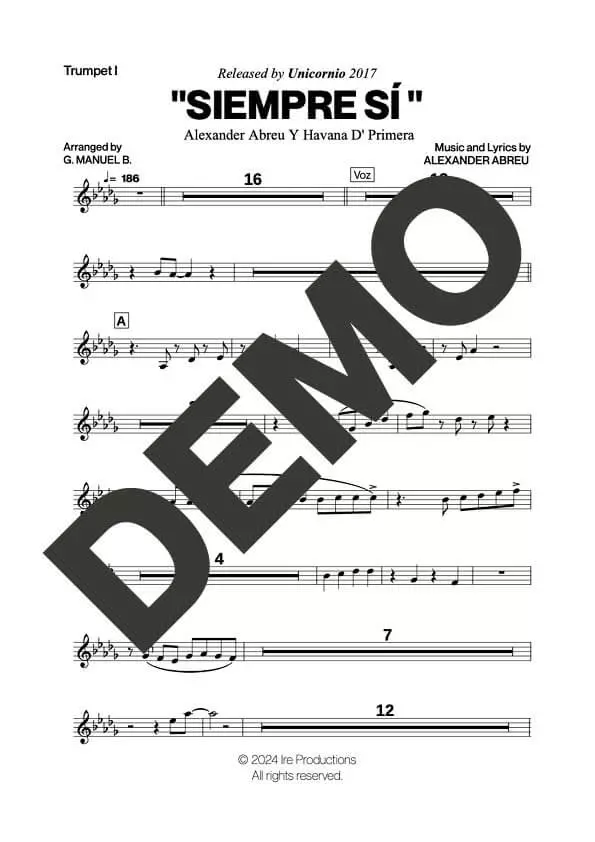 Havana D' Primera – Siempre Sí – First Page of Sheet Music Preview (PDF) – Includes charts for Trumpets, Trombones, Saxophone, Piano and Bass