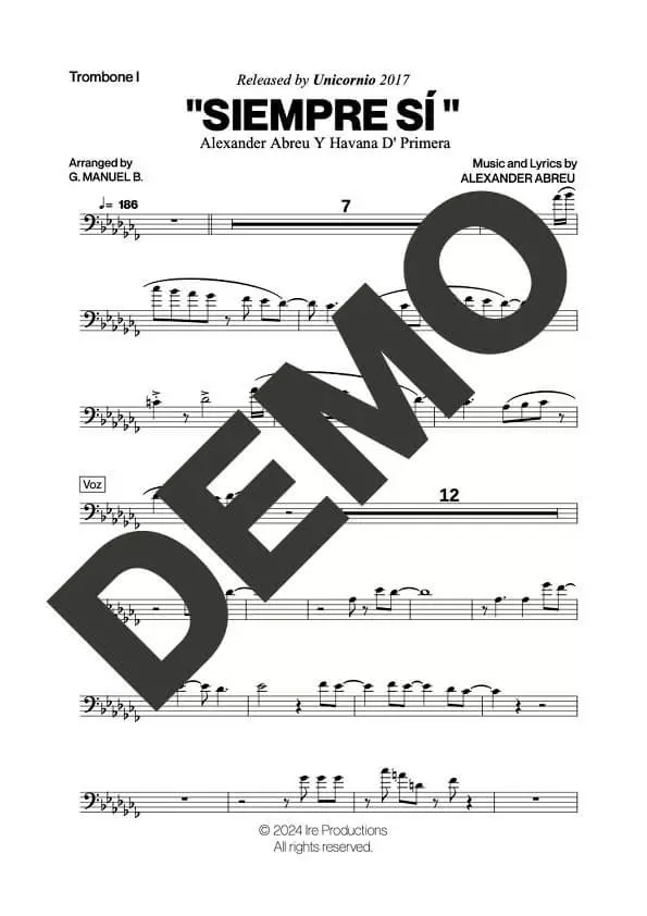 Havana D' Primera – Siempre Sí – Sheet Music Demo Page 1 (PDF) – Includes charts for Trumpets, Trombones, Saxophone, Piano and Bass