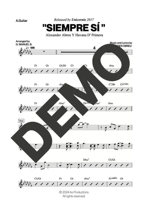 Havana D' Primera – Siempre Sí – Sheet Music Demo Page 3 (PDF) – Includes charts for Trumpets, Trombones, Saxophone, Piano and Bass