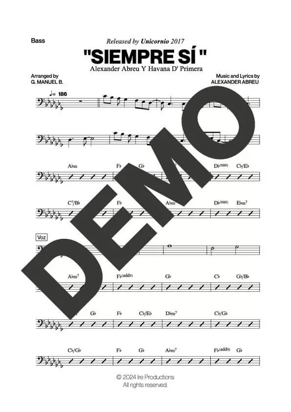 Havana D' Primera – Siempre Sí – Sheet Music Demo Page 6 (PDF) – Includes charts for Trumpets, Trombones, Saxophone, Piano and Bass
