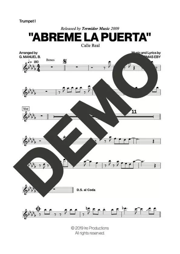 Calle Real – Abreme la Puerta – First Page of Sheet Music Preview (PDF) – Includes charts for Trumpets, Trombones, Saxophone, Piano and Bass