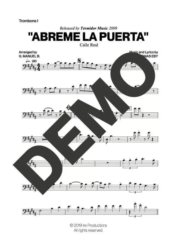 Calle Real – Abreme la Puerta – Sheet Music Demo Page 1 (PDF) – Includes charts for Trumpets, Trombones, Saxophone, Piano and Bass