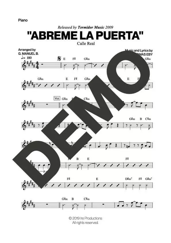Calle Real – Abreme la Puerta – Sheet Music Demo Page 2 (PDF) – Includes charts for Trumpets, Trombones, Saxophone, Piano and Bass