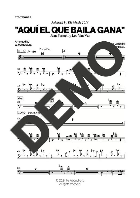 Los Van Van – Aquí el Que Baila Gana – Sheet Music Demo Page 1 (PDF) – Includes charts for Trumpets, Trombones, Saxophone, Piano and Bass