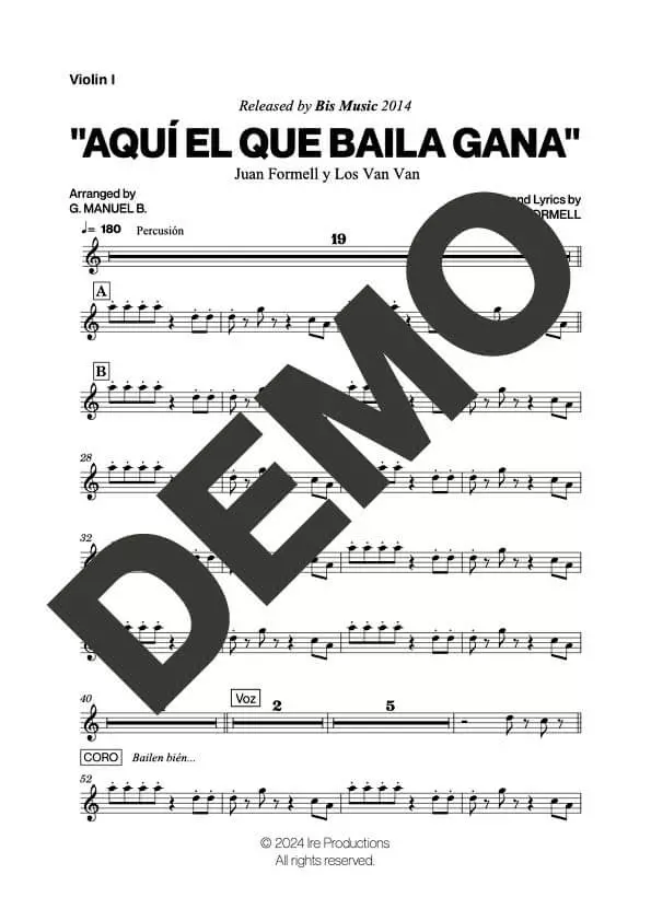 Los Van Van – Aquí el Que Baila Gana – Sheet Music Demo Page 2 (PDF) – Includes charts for Trumpets, Trombones, Saxophone, Piano and Bass
