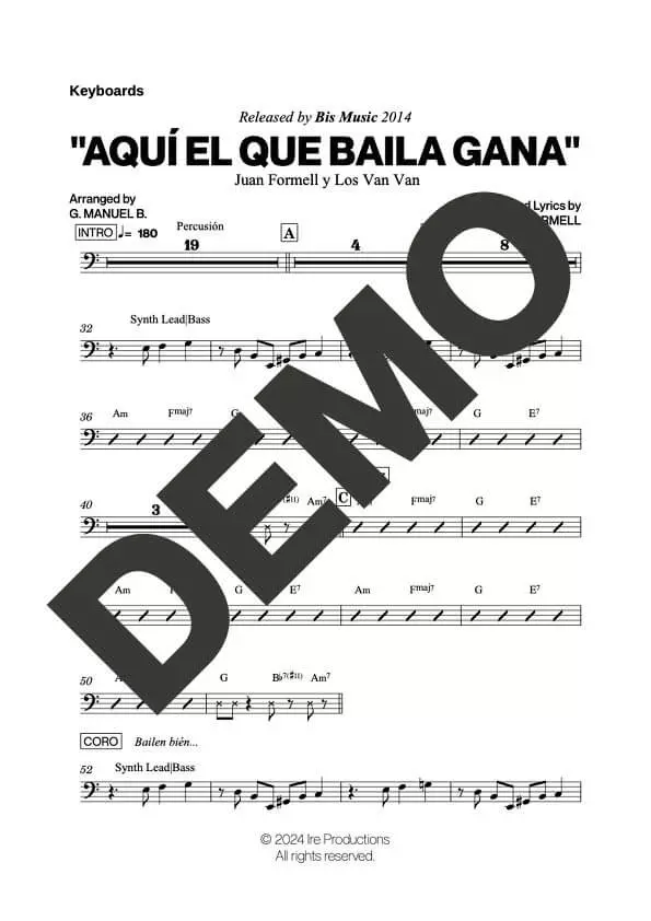 Los Van Van – Aquí el Que Baila Gana – Sheet Music Demo Page 4 (PDF) – Includes charts for Trumpets, Trombones, Saxophone, Piano and Bass