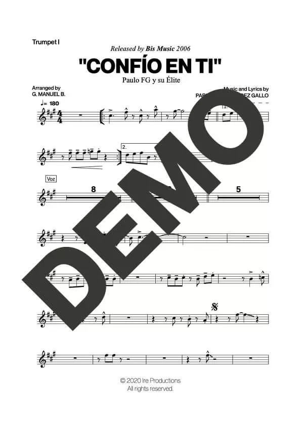 Paulo FG – Confío en Ti – First Page of Sheet Music Preview (PDF) – Includes charts for Trumpets, Trombones, Saxophone, Piano and Bass