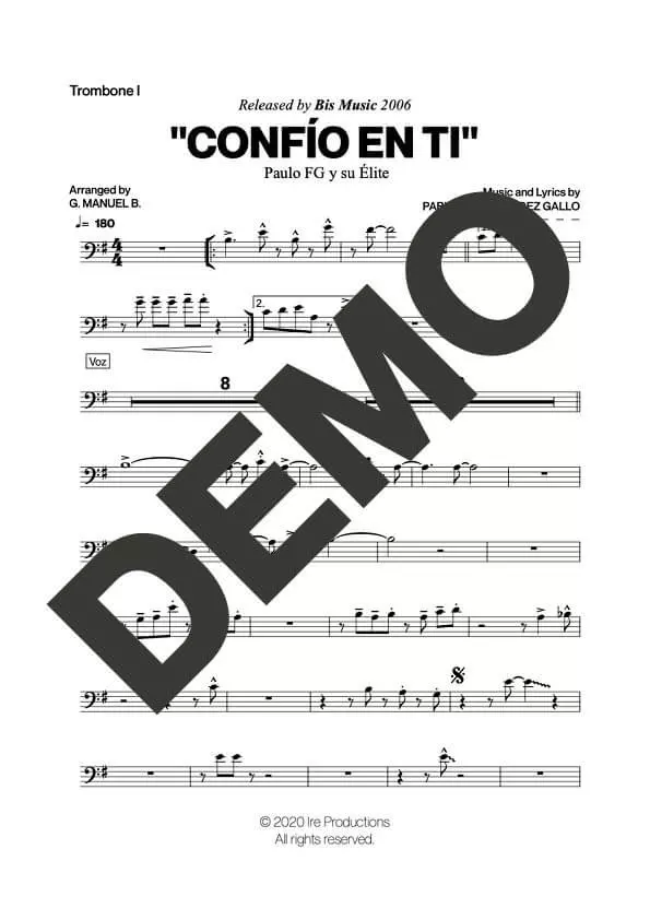Paulo FG – Confío en Ti – Sheet Music Demo Page 1 (PDF) – Includes charts for Trumpets, Trombones, Saxophone, Piano and Bass