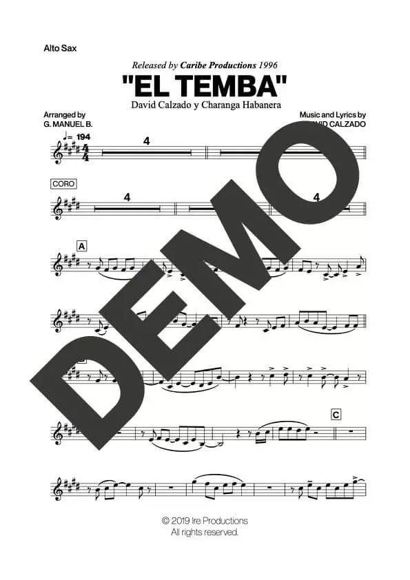 Charanga Habanera – El Temba – First Page of Sheet Music Preview (PDF) – Includes charts for Trumpets, Trombones, Saxophone, Piano and Bass