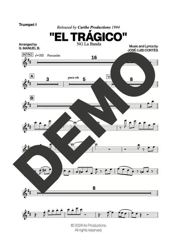 NG La Banda – El Trágico – First Page of Sheet Music Preview (PDF) – Includes charts for Trumpets, Trombones, Saxophone, Piano and Bass