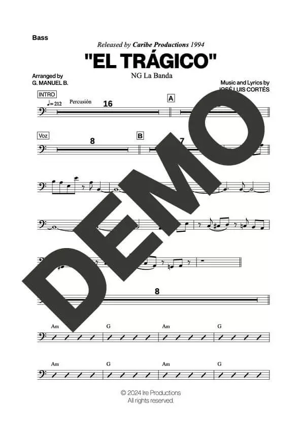 NG La Banda – El Trágico – Sheet Music Demo Page 5 (PDF) – Includes charts for Trumpets, Trombones, Saxophone, Piano and Bass