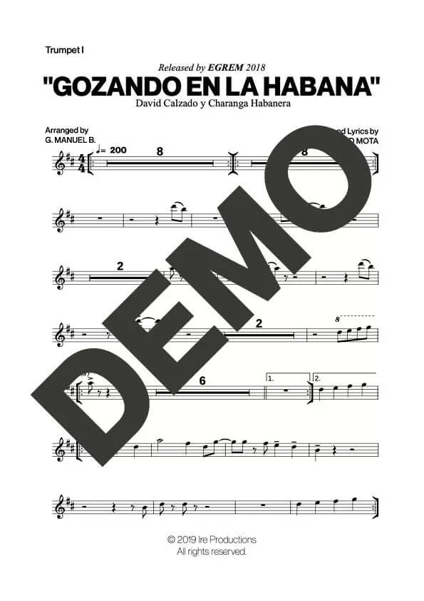 Charanga Habanera – Gozando en La Habana – Sheet Music Demo Page 1 (PDF) – Includes charts for Trumpets, Trombones, Saxophone, Piano and Bass