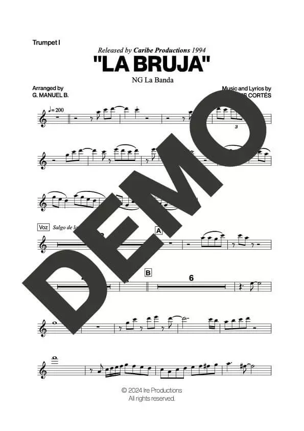 NG La Banda – La Bruja – First Page of Sheet Music Preview (PDF) – Includes charts for Trumpets, Trombones, Saxophone, Piano and Bass