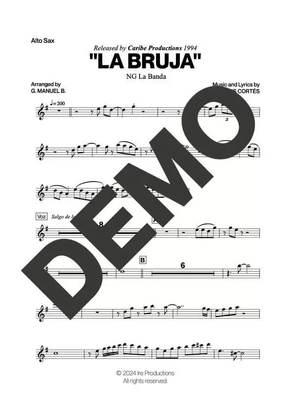 NG La Banda – La Bruja – Sheet Music Demo Page 1 (PDF) – Includes charts for Trumpets, Trombones, Saxophone, Piano and Bass