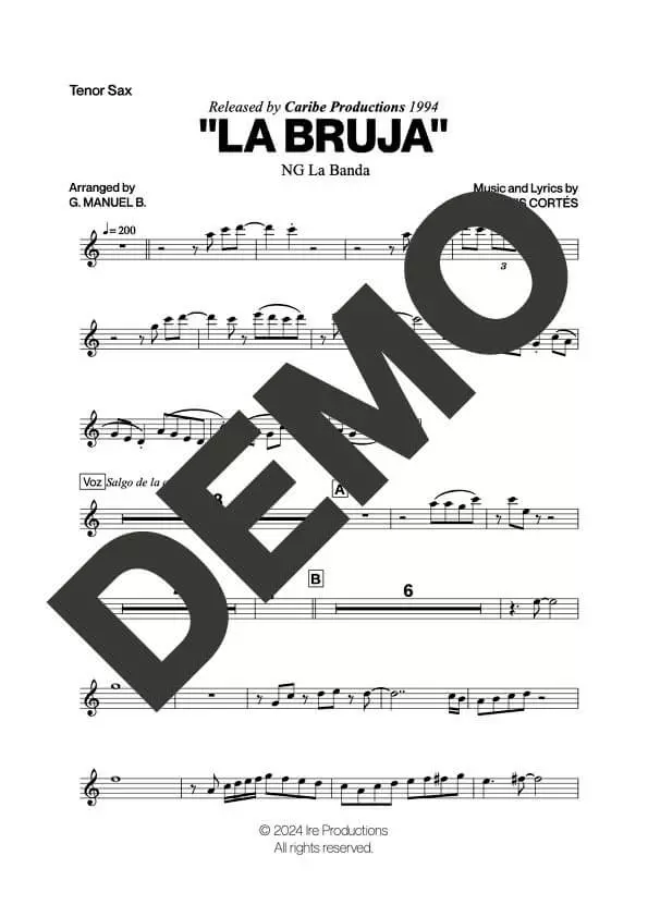 NG La Banda – La Bruja – Sheet Music Demo Page 2 (PDF) – Includes charts for Trumpets, Trombones, Saxophone, Piano and Bass