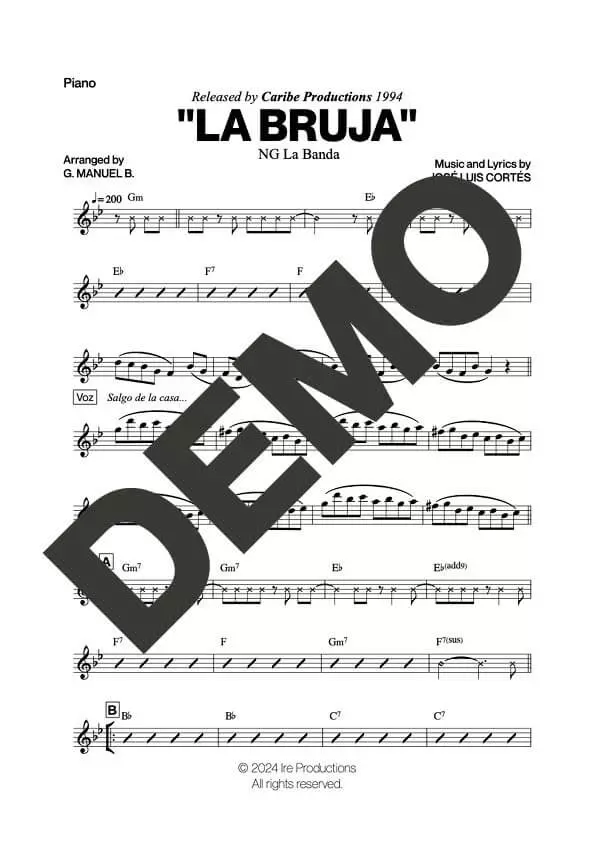 NG La Banda – La Bruja – Sheet Music Demo Page 3 (PDF) – Includes charts for Trumpets, Trombones, Saxophone, Piano and Bass