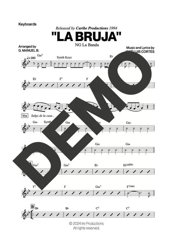 NG La Banda – La Bruja – Sheet Music Demo Page 4 (PDF) – Includes charts for Trumpets, Trombones, Saxophone, Piano and Bass