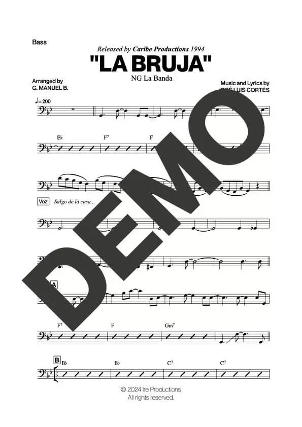 NG La Banda – La Bruja – Sheet Music Demo Page 5 (PDF) – Includes charts for Trumpets, Trombones, Saxophone, Piano and Bass