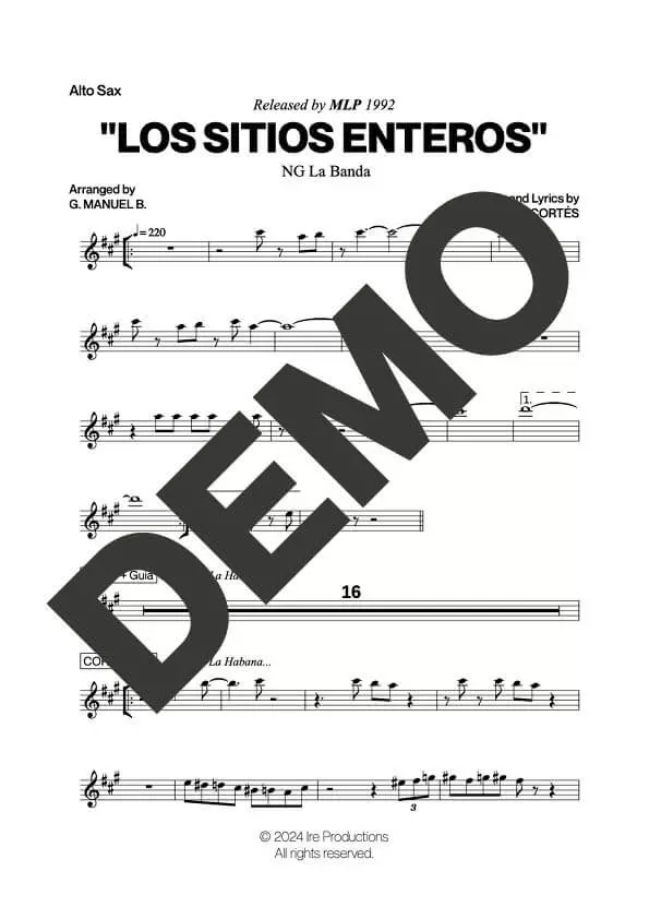 NG La Banda – Los Sitios Enteros – Sheet Music Demo Page 1 (PDF) – Includes charts for Trumpets, Trombones, Saxophone, Piano and Bass