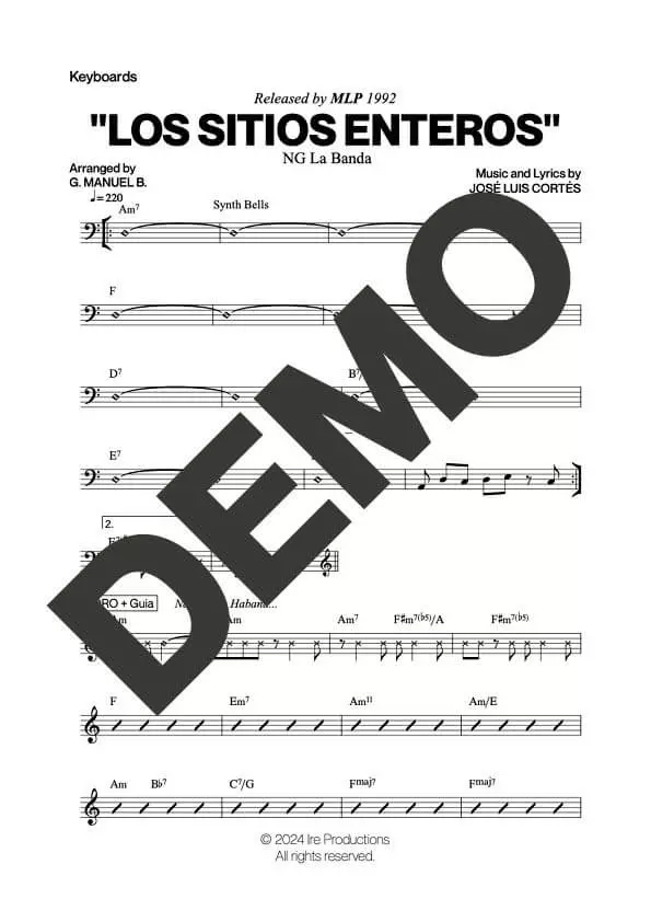 NG La Banda – Los Sitios Enteros – Sheet Music Demo Page 4 (PDF) – Includes charts for Trumpets, Trombones, Saxophone, Piano and Bass