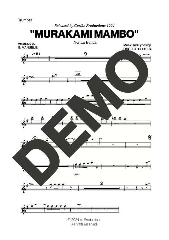 NG La Banda – Murakami Mambo – First Page of Sheet Music Preview (PDF) – Includes charts for Trumpets, Trombones, Saxophone, Piano and Bass
