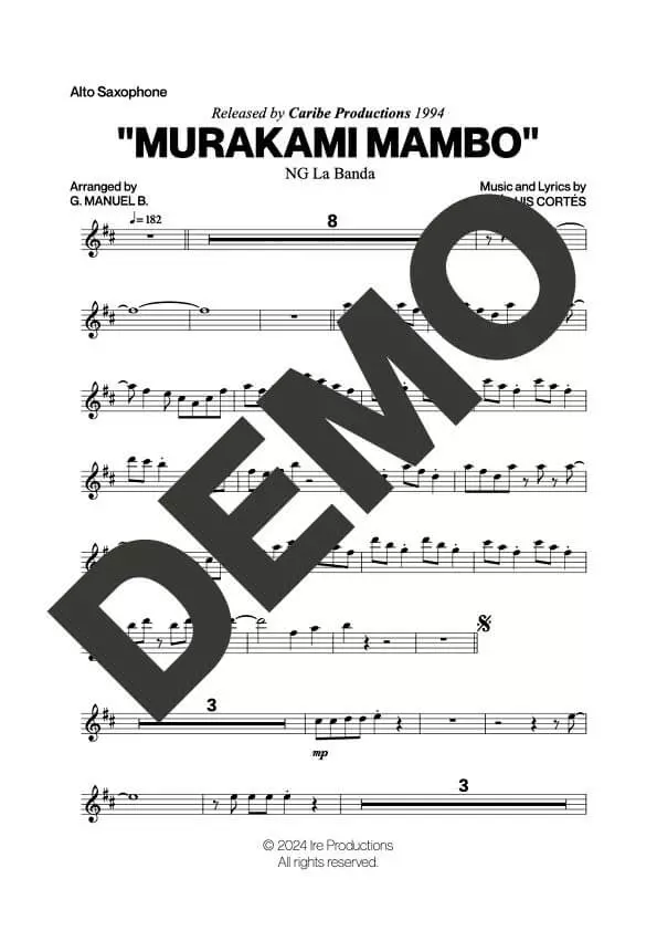 NG La Banda – Murakami Mambo – Sheet Music Demo Page 1 (PDF) – Includes charts for Trumpets, Trombones, Saxophone, Piano and Bass