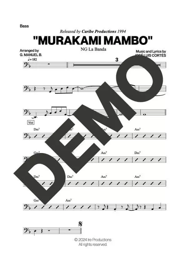 NG La Banda – Murakami Mambo – Sheet Music Demo Page 5 (PDF) – Includes charts for Trumpets, Trombones, Saxophone, Piano and Bass