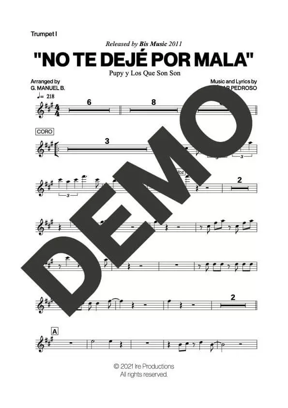 Pupy y Los Que Son Son – No Te Dejé Por Mala – First Page of Sheet Music Preview (PDF) – Includes charts for Trumpets, Trombones, Saxophone, Piano and Bass
