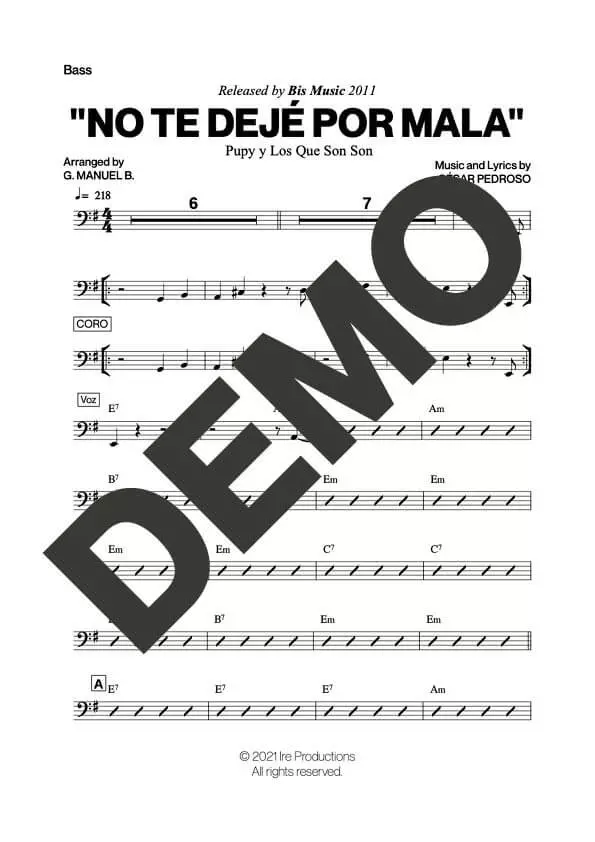 Pupy y Los Que Son Son – No Te Dejé Por Mala – Sheet Music Demo Page 3 (PDF) – Includes charts for Trumpets, Trombones, Saxophone, Piano and Bass