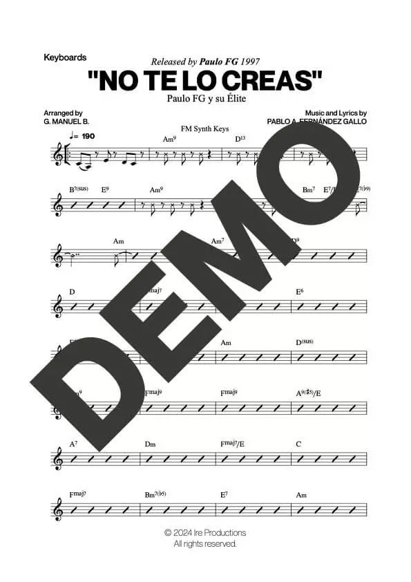 Paulo FG – No Te Lo Creas – Sheet Music Demo Page 3 (PDF) – Includes charts for Trumpets, Trombones, Saxophone, Piano and Bass