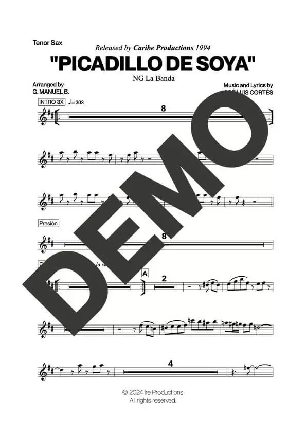 NG La Banda – Picadillo de Soya – Sheet Music Demo Page 2 (PDF) – Includes charts for Trumpets, Trombones, Saxophone, Piano and Bass
