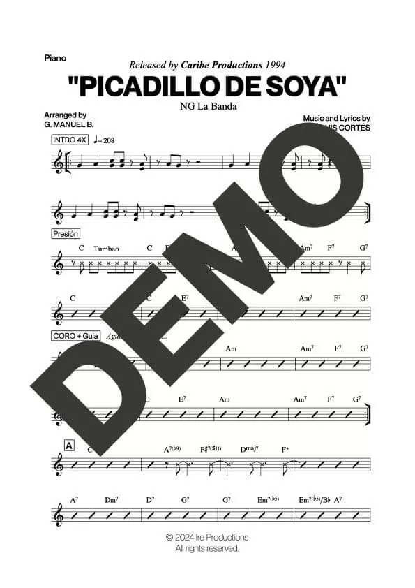 NG La Banda – Picadillo de Soya – Sheet Music Demo Page 3 (PDF) – Includes charts for Trumpets, Trombones, Saxophone, Piano and Bass