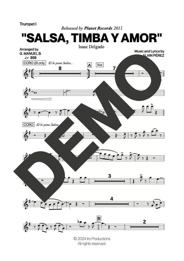 Issac Delgado – Salsa, Timba y Amor – First Page of Sheet Music Preview (PDF) – Includes charts for Trumpets, Trombones, Saxophone, Piano and Bass