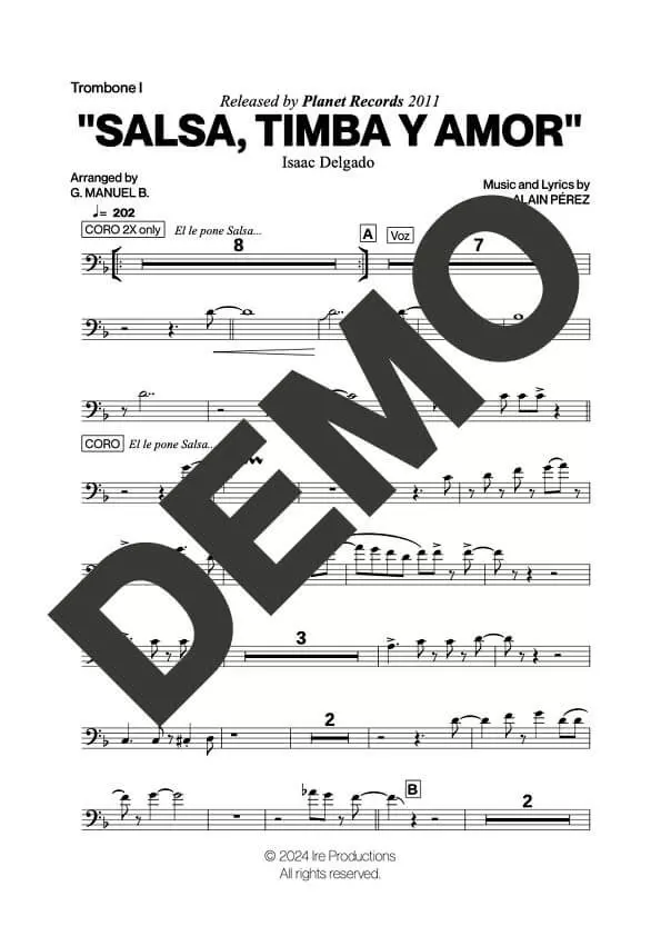 Issac Delgado – Salsa, Timba y Amor – Sheet Music Demo Page 1 (PDF) – Includes charts for Trumpets, Trombones, Saxophone, Piano and Bass