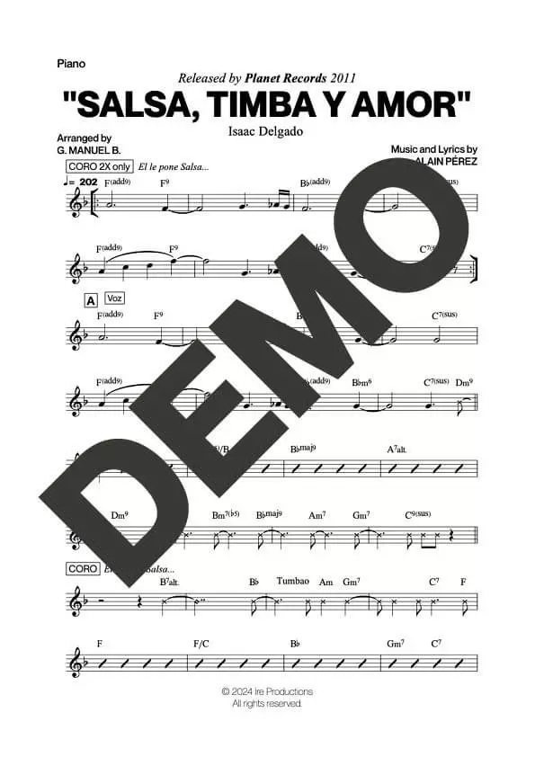 Issac Delgado – Salsa, Timba y Amor – Sheet Music Demo Page 2 (PDF) – Includes charts for Trumpets, Trombones, Saxophone, Piano and Bass