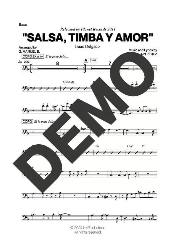 Issac Delgado – Salsa, Timba y Amor – Sheet Music Demo Page 3 (PDF) – Includes charts for Trumpets, Trombones, Saxophone, Piano and Bass