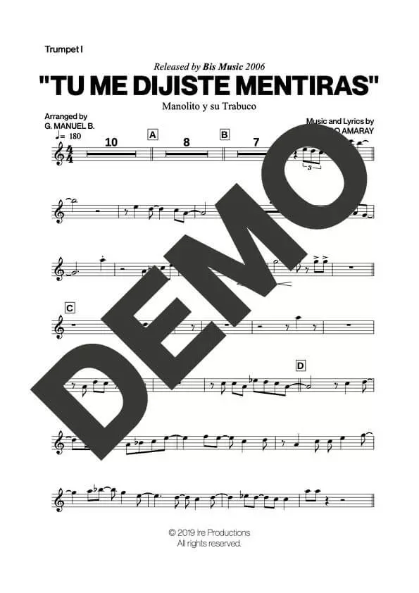 Manolito y su Trabuco – Tu Me Dijiste Mentiras – First Page of Sheet Music Preview (PDF) – Includes charts for Trumpets, Trombones, Saxophone, Piano and Bass