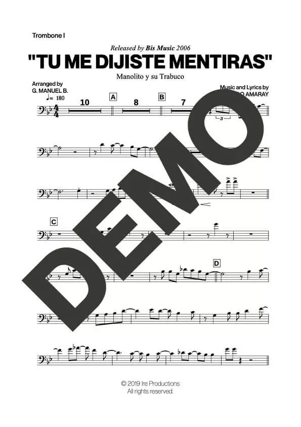 Manolito y su Trabuco – Tu Me Dijiste Mentiras – Sheet Music Demo Page 1 (PDF) – Includes charts for Trumpets, Trombones, Saxophone, Piano and Bass