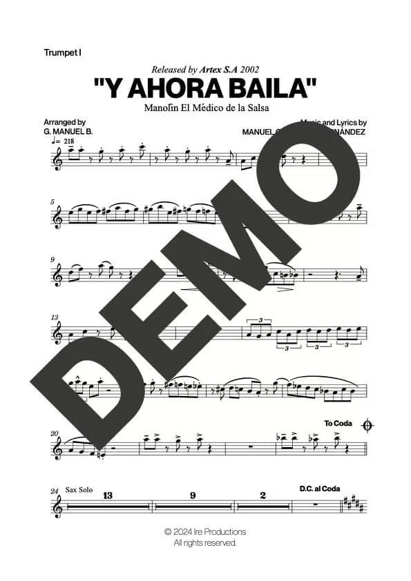 Manolín El Médico de la Salsa – Y Ahora Baila – First Page of Sheet Music Preview (PDF) – Includes charts for Trumpets, Trombones, Saxophone, Piano and Bass