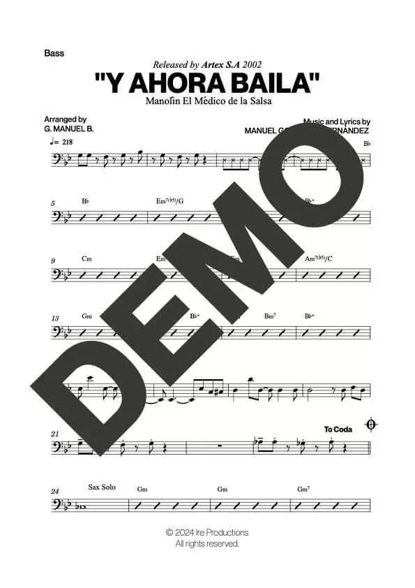 Manolín El Médico de la Salsa – Y Ahora Baila – Sheet Music Demo Page 4 (PDF) – Includes charts for Trumpets, Trombones, Saxophone, Piano and Bass