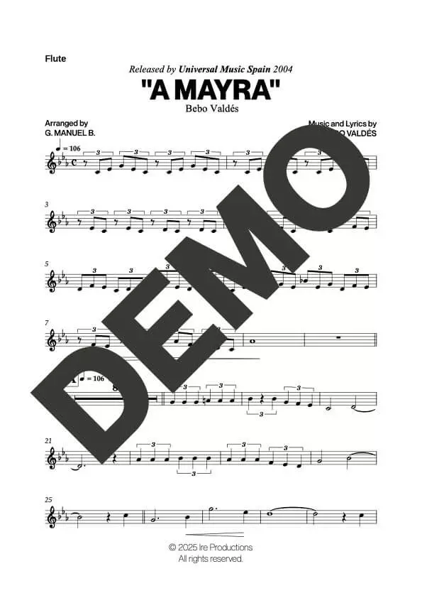 Bebo Valdés – A Mayra – First Page of Sheet Music Preview (PDF) – Includes charts for Trumpets, Trombones, Saxophone, Piano and Bass