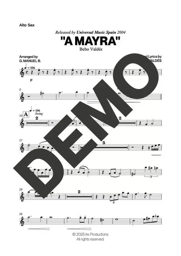 Bebo Valdés – A Mayra – Sheet Music Demo Page 1 (PDF) – Includes charts for Trumpets, Trombones, Saxophone, Piano and Bass
