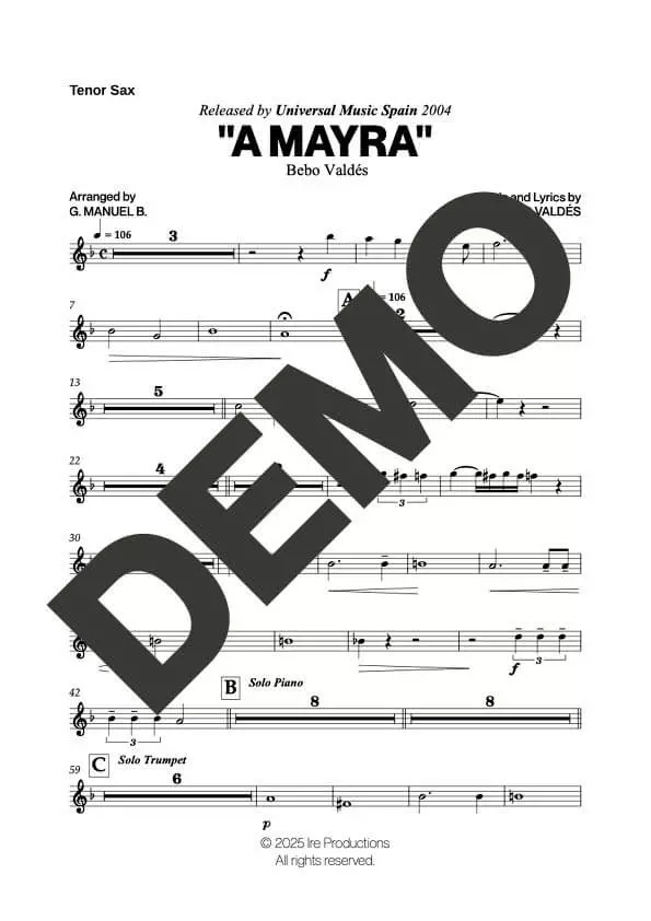 Bebo Valdés – A Mayra – Sheet Music Demo Page 2 (PDF) – Includes charts for Trumpets, Trombones, Saxophone, Piano and Bass