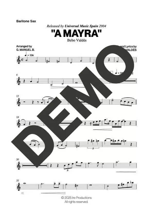 Bebo Valdés – A Mayra – Sheet Music Demo Page 3 (PDF) – Includes charts for Trumpets, Trombones, Saxophone, Piano and Bass