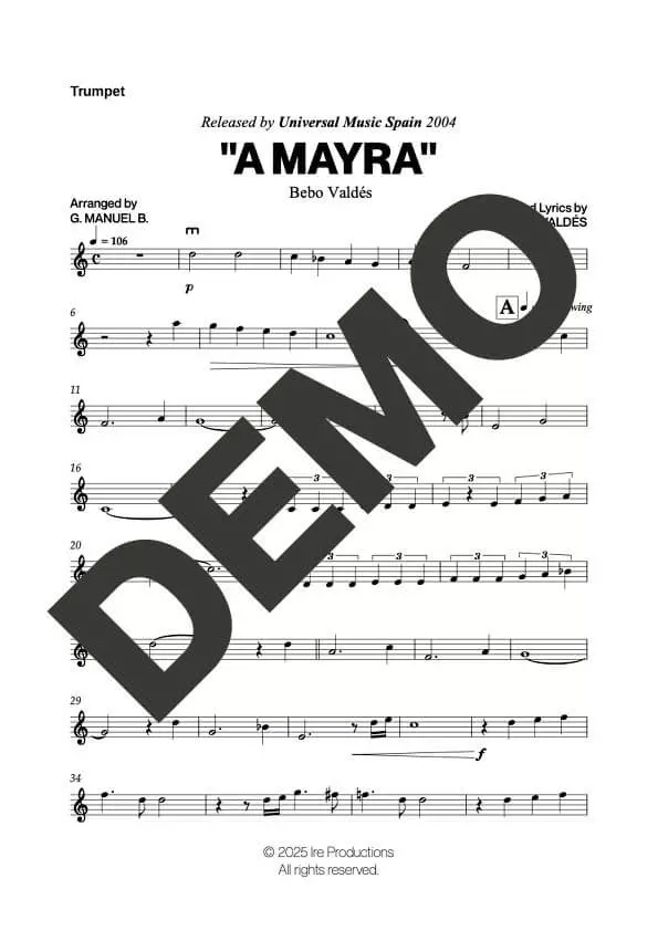 Bebo Valdés – A Mayra – Sheet Music Demo Page 4 (PDF) – Includes charts for Trumpets, Trombones, Saxophone, Piano and Bass