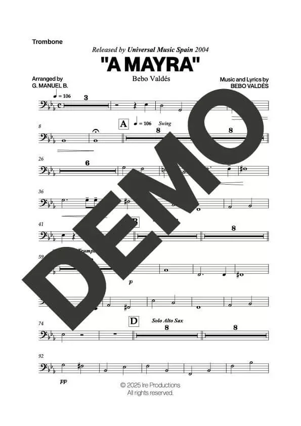 Bebo Valdés – A Mayra – Sheet Music Demo Page 5 (PDF) – Includes charts for Trumpets, Trombones, Saxophone, Piano and Bass