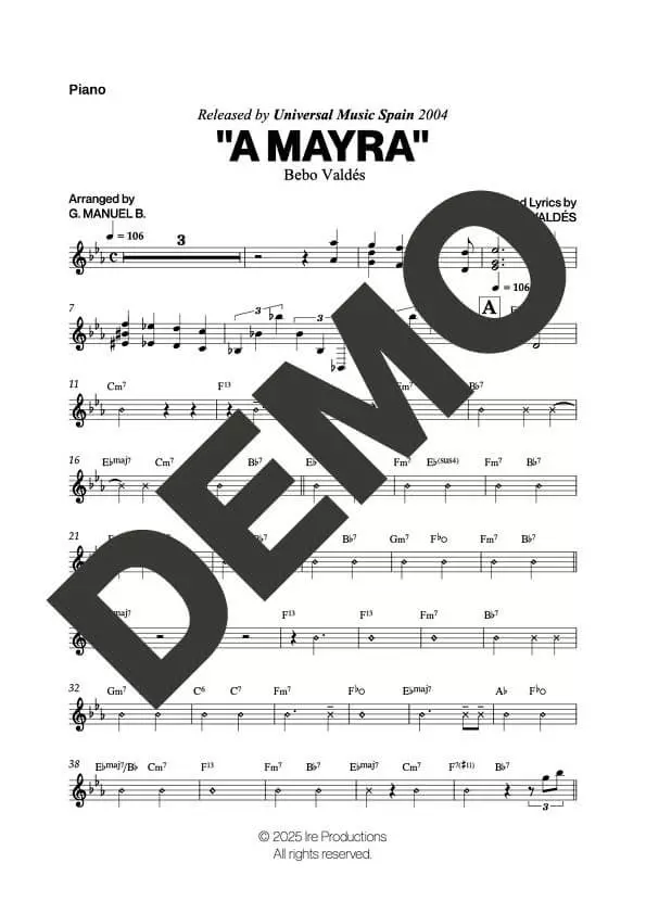 Bebo Valdés – A Mayra – Sheet Music Demo Page 6 (PDF) – Includes charts for Trumpets, Trombones, Saxophone, Piano and Bass