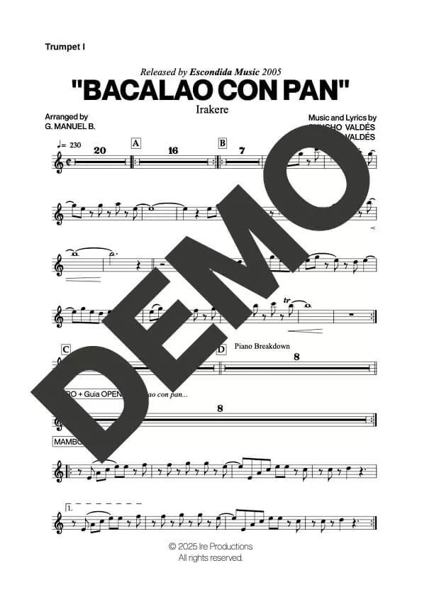 Irakere – Bacalao Con Pan – First Page of Sheet Music Preview (PDF) – Includes charts for Trumpets, Trombones, Saxophone, Piano and Bass