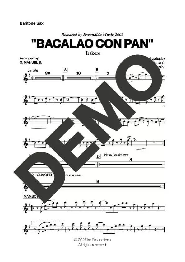 Irakere – Bacalao Con Pan – Sheet Music Demo Page 3 (PDF) – Includes charts for Trumpets, Trombones, Saxophone, Piano and Bass