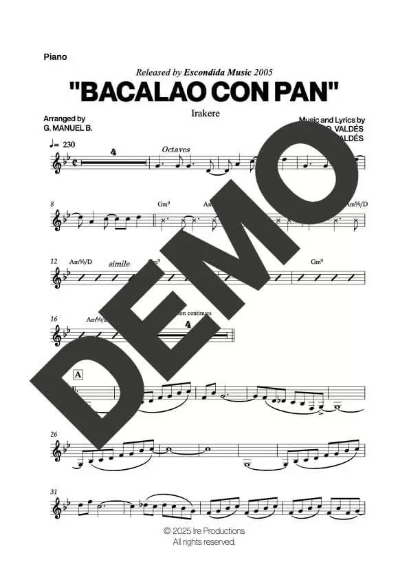 Irakere – Bacalao Con Pan – Sheet Music Demo Page 5 (PDF) – Includes charts for Trumpets, Trombones, Saxophone, Piano and Bass